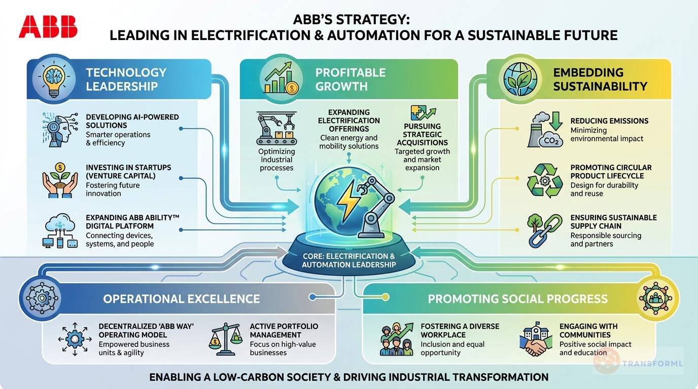 Infographic detailing ABB's strategy for electrification and automation leadership, combining technology innovation, profitable growth, sustainability, and operational excellence.