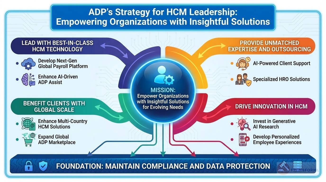 ADP HCM strategy diagram showcasing AI-driven payroll technology, global workforce solutions, compliance, and HR innovation leadership