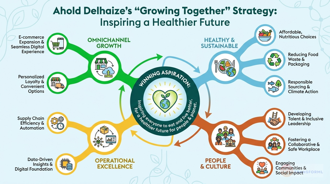 Ahold Delhaize strategy cascade analysis highlighting Investing in a winning customer value proposition and Densifying and growing markets.