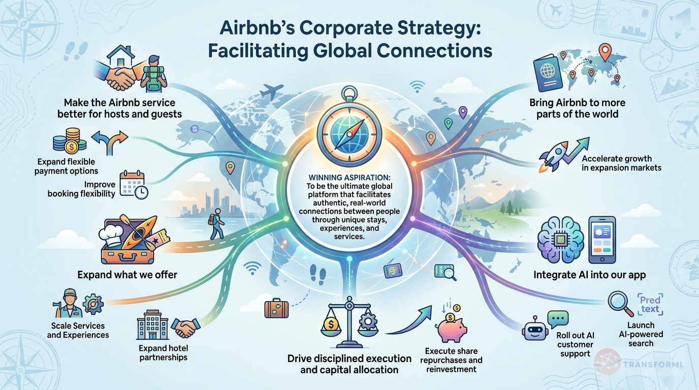 Airbnb, Inc. strategy cascade analysis highlighting Core Service Optimization and Global Market Expansion.