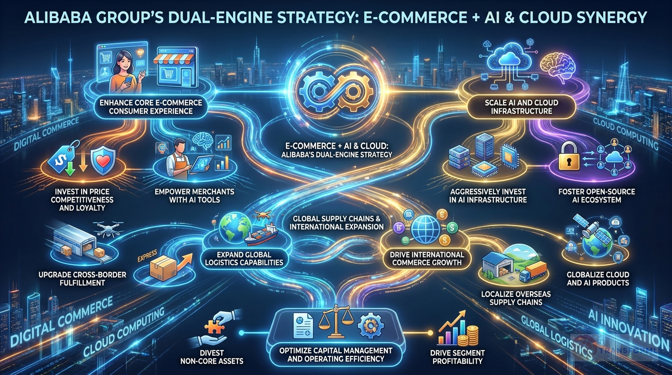 Alibaba Group Holding Limited strategy cascade analysis highlighting User First, AI-Driven and E-commerce and Cloud Synergy.