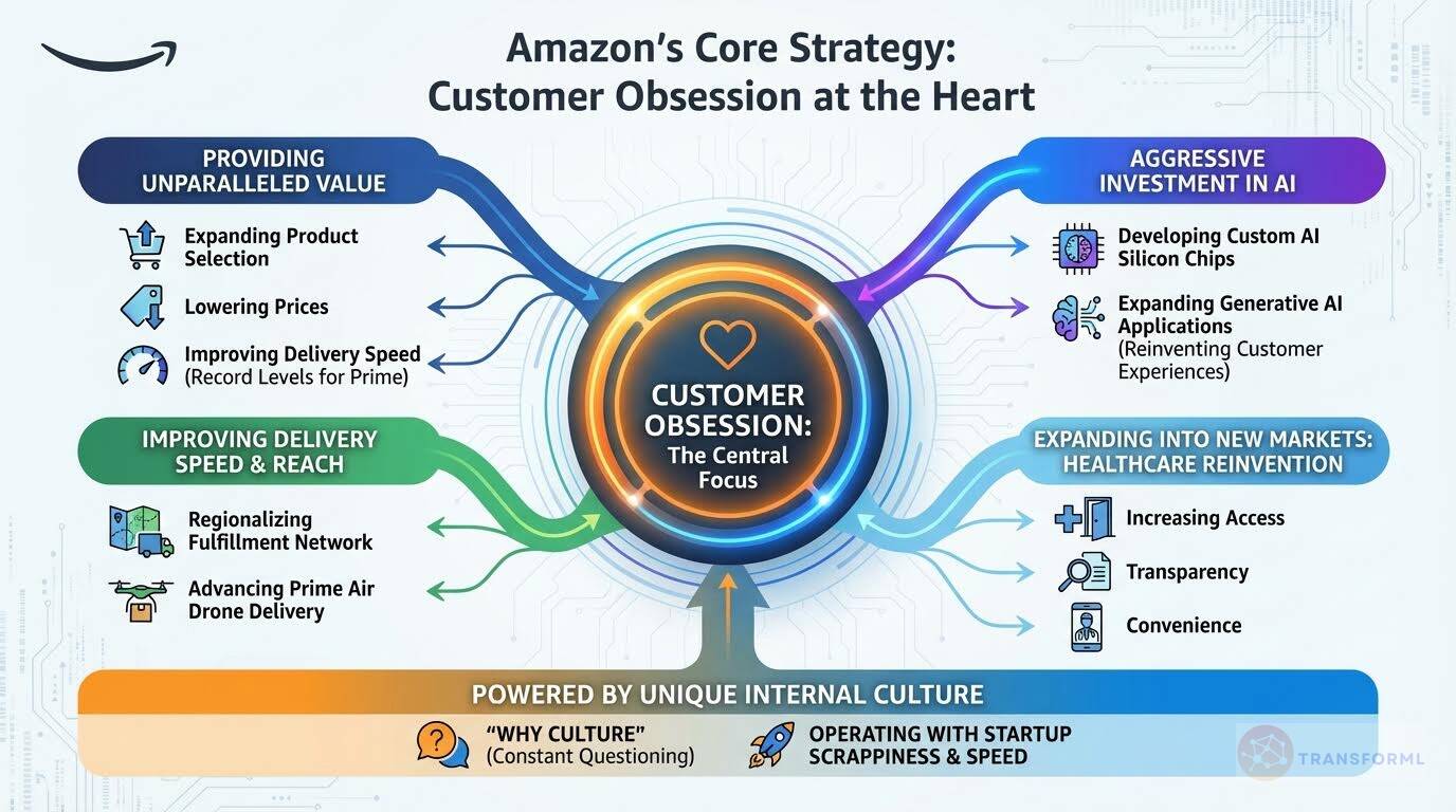 Amazon core strategy visualization centered on customer obsession, AI investment, logistics innovation, healthcare expansion, and operational culture