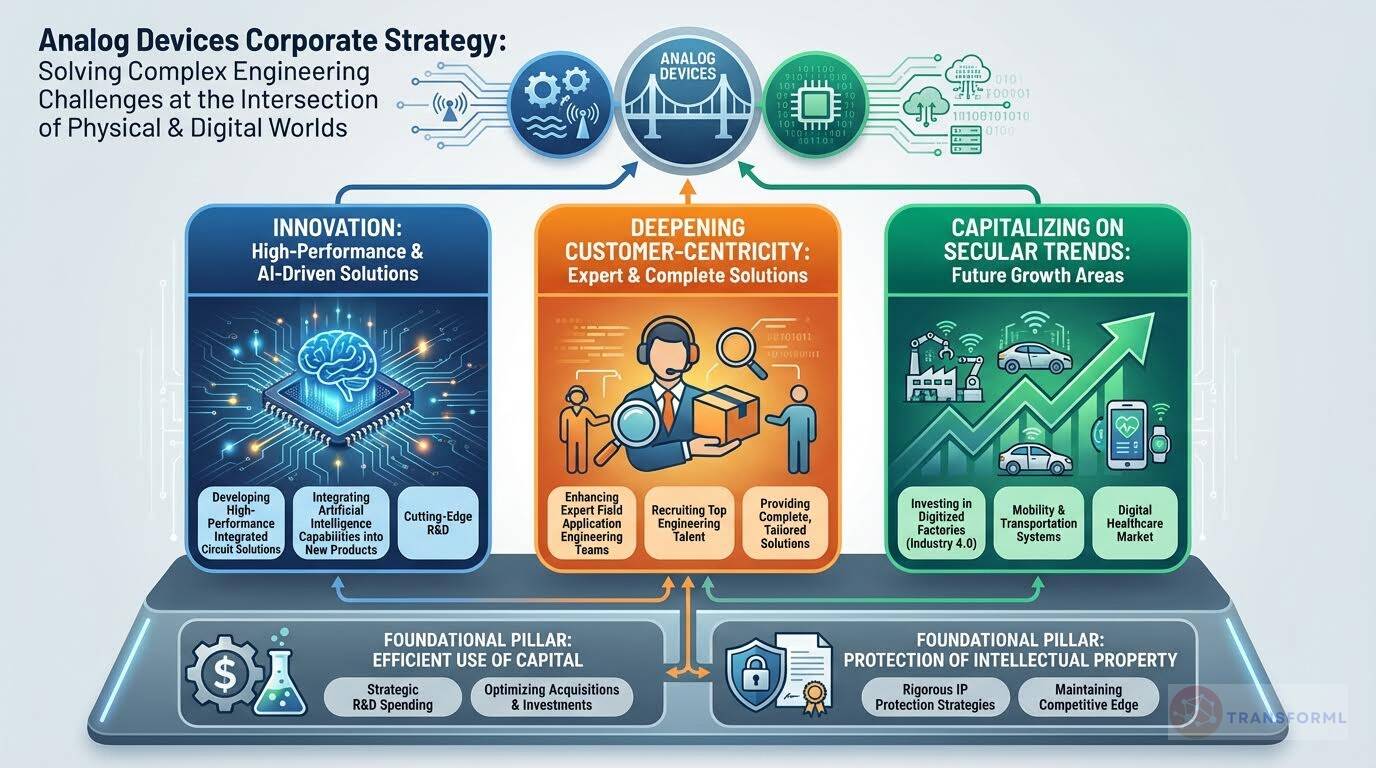 Analog Devices corporate strategy infographic focused on high-performance innovation, customer-centric solutions, and future technology growth areas