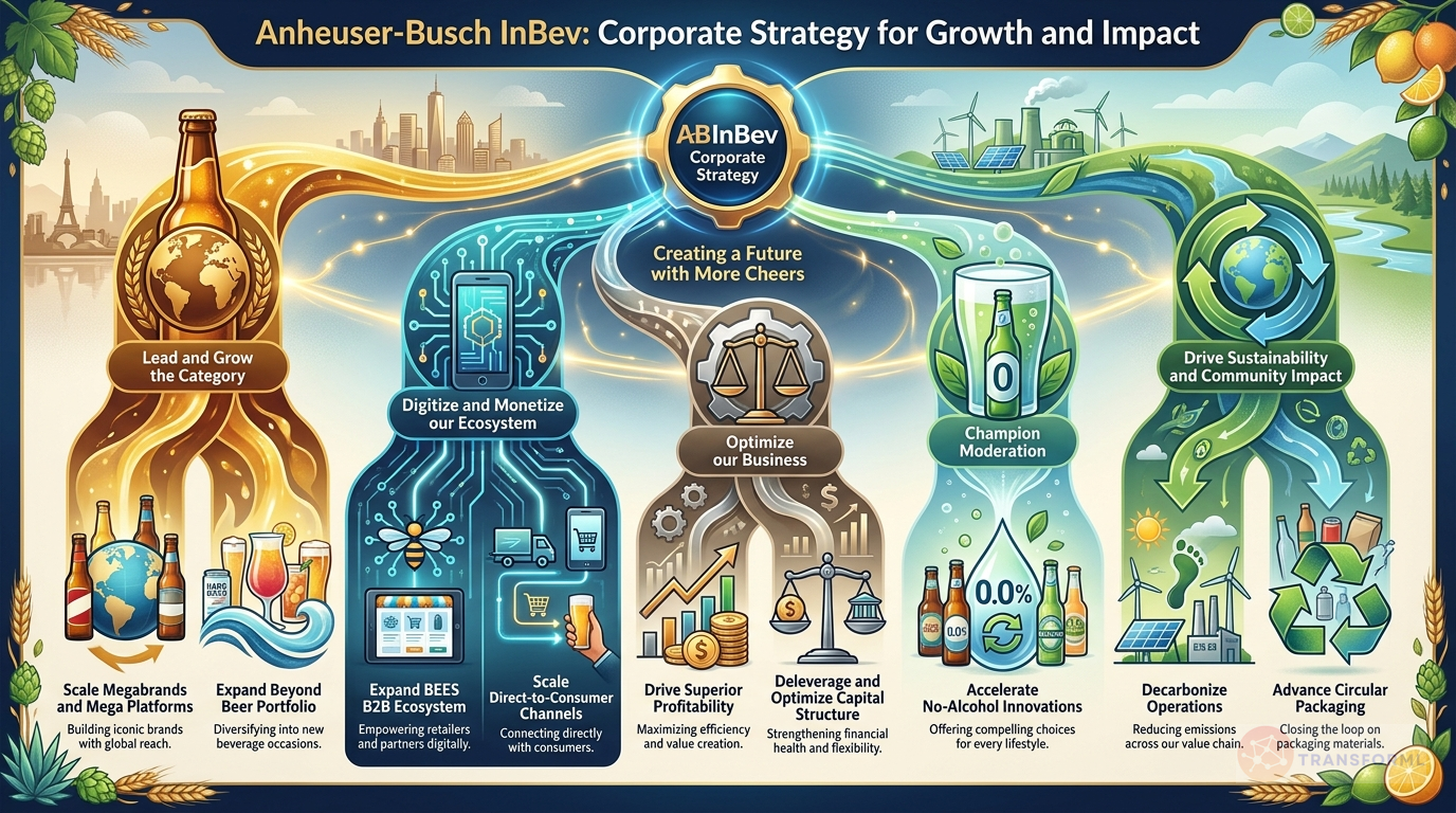 Anheuser-Busch InBev strategy cascade analysis highlighting Category Leadership & Premiumization and Digital Transformation (B2B & DTC).