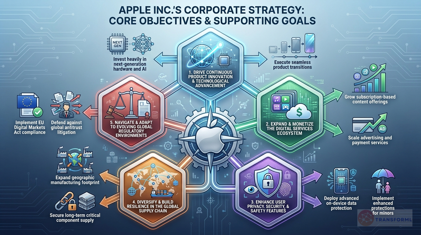Apple Inc. strategy cascade analysis highlighting Ecosystem Integration & Lock-in and Services Revenue Expansion.