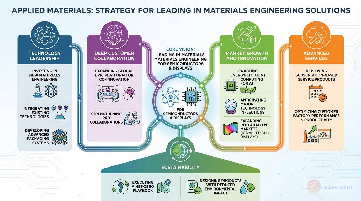 Strategic overview of Applied Materials' leadership in materials engineering, emphasizing technology innovation, deep customer collaboration, advanced services, and sustainable growth.