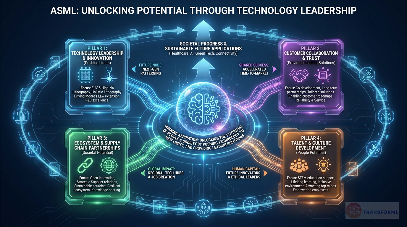 ASML strategy cascade analysis highlighting Holistic Lithography Leadership and Open Innovation Ecosystem.