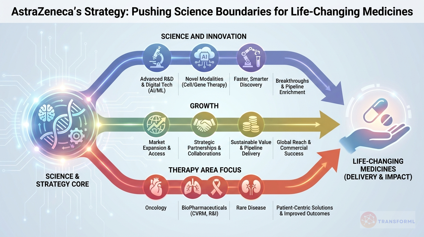AstraZeneca strategy cascade analysis highlighting Science and Innovation and Growth and Therapy Area Leadership.