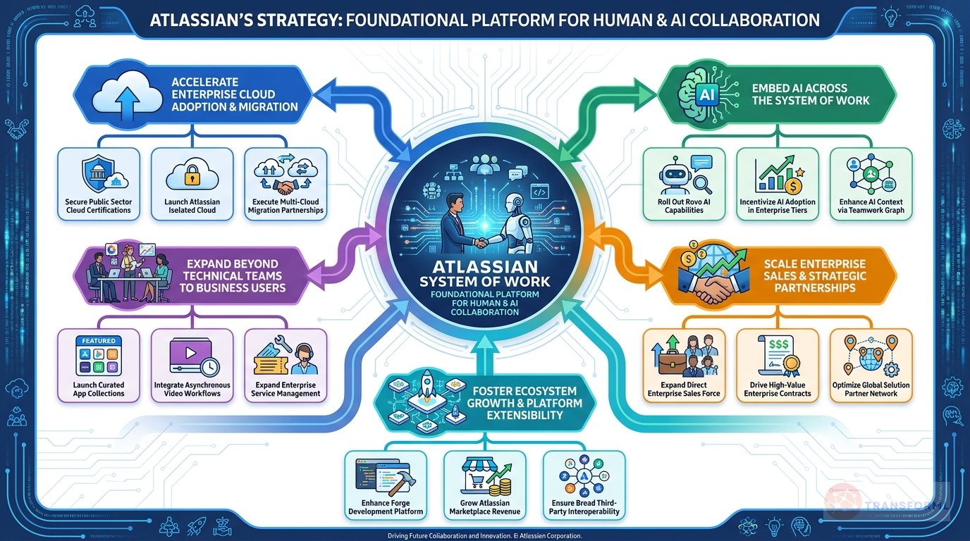 Atlassian Corporation strategy cascade analysis highlighting Cloud Migration and Enterprise Scalability and AI Integration and Human-AI Collaboration (Rovo).