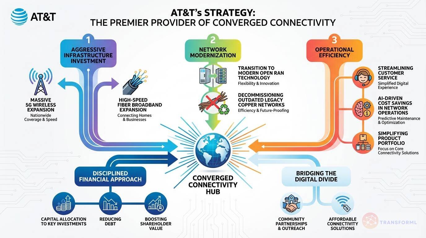 Strategy cascade diagram of AT&T's approach to converged connectivity, emphasizing aggressive infrastructure investment, network modernization, operational efficiency, and financial discipline.