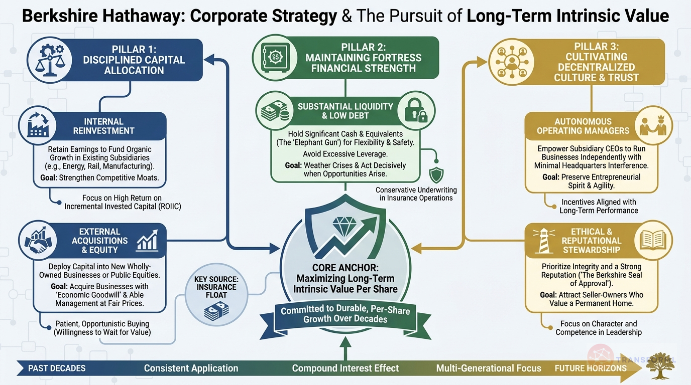 Berkshire Hathaway Inc. strategy cascade analysis highlighting Decentralized Autonomy & Accountability and Fortress-like Financial Strength.
