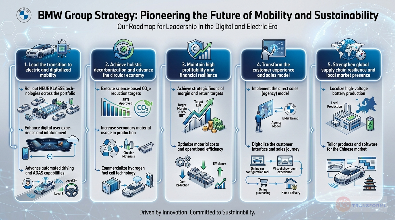 BMW Group strategy cascade analysis highlighting Digital Transformation and Software-Defined Vehicles (NEUE KLASSE) and Electromobility and Technology Openness.