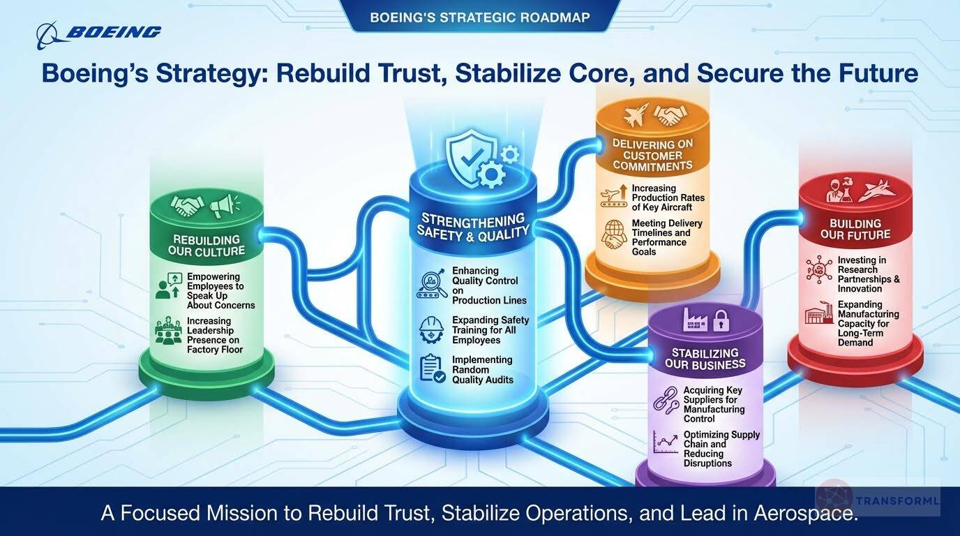 Boeing strategic roadmap focused on rebuilding trust, strengthening safety and quality, stabilizing operations, and securing long-term aerospace growth