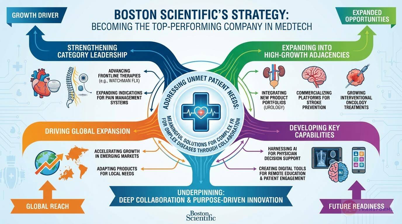 Boston Scientific Corporation strategy cascade analysis highlighting Relentless Innovation & R&D Investment and Expansion into High-Growth Adjacencies.