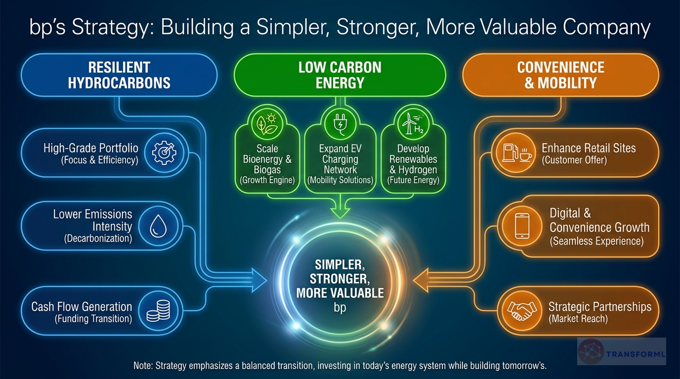 bp (BP p.l.c.) strategy cascade analysis highlighting Growing the Upstream and Focusing the Downstream.