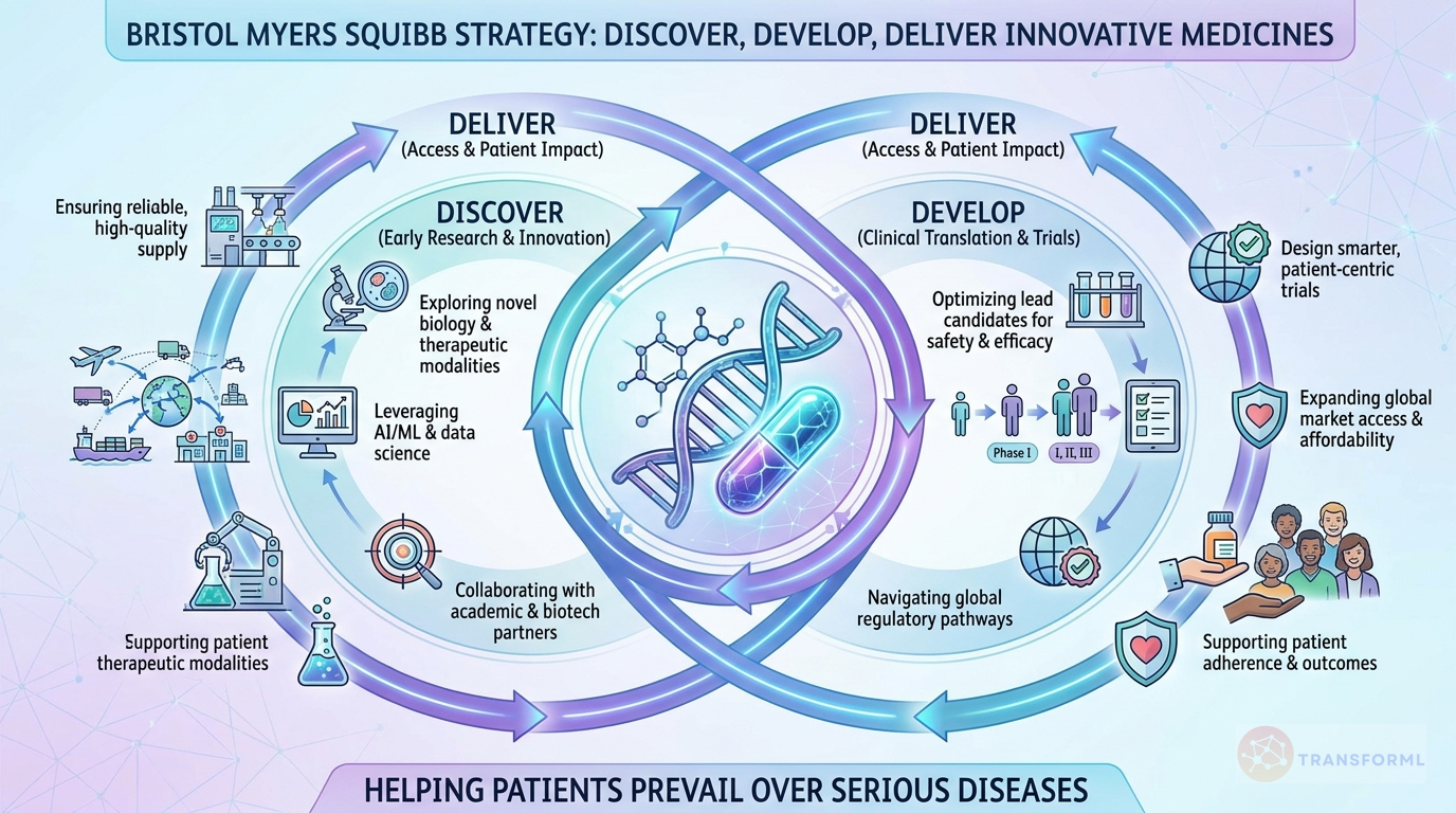 Bristol Myers Squibb strategy cascade analysis highlighting Accelerating the Growth Portfolio and Advancing a Differentiated R&D Pipeline.