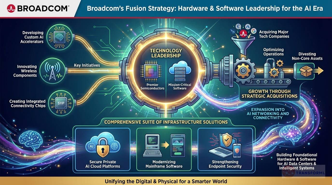 Broadcom Inc. strategy cascade analysis highlighting AI Data Center Infrastructure & Custom Silicon and Infrastructure Software Modernization & Subscription Transition.