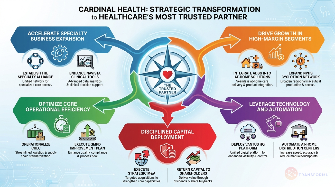 Cardinal Health, Inc. strategy cascade analysis highlighting Specialty Business Expansion & MSO Integration and Core Operational Simplification.