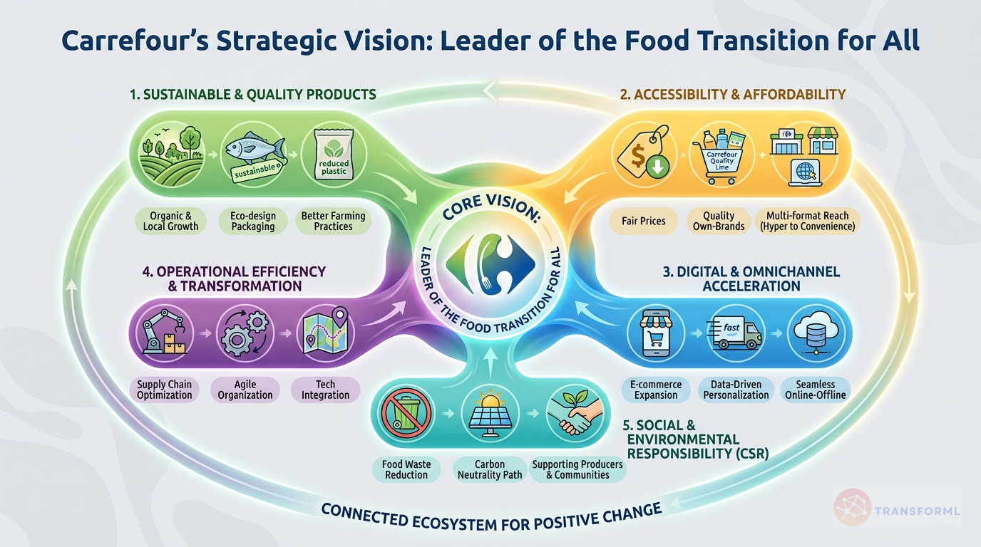 Carrefour strategy cascade analysis highlighting Food Transition for All (Act for Food Part II) and Digital Retail Company Transformation.