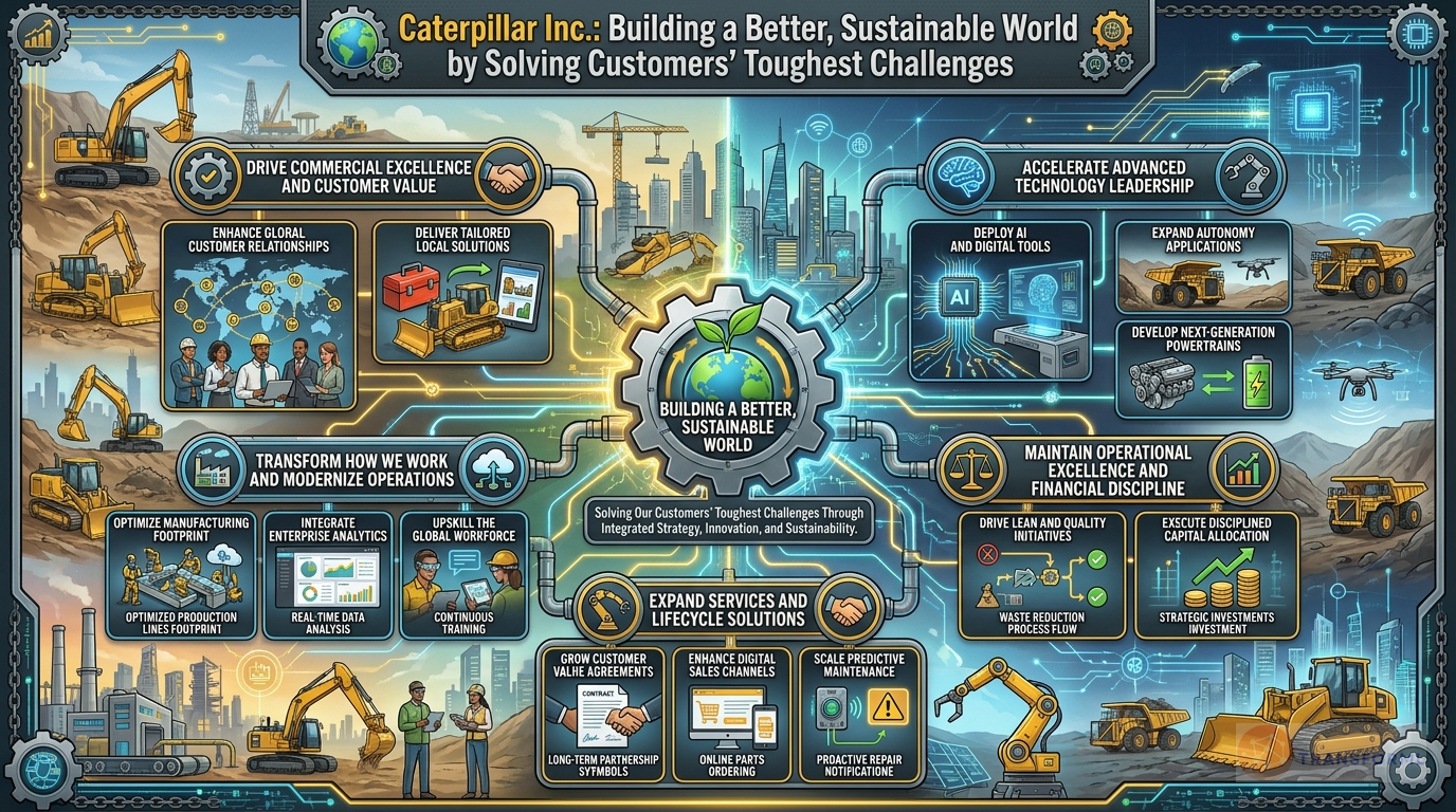 Caterpillar Inc. strategy cascade analysis highlighting Commercial Excellence & Customer Solutions and Advanced Technology & Autonomy.