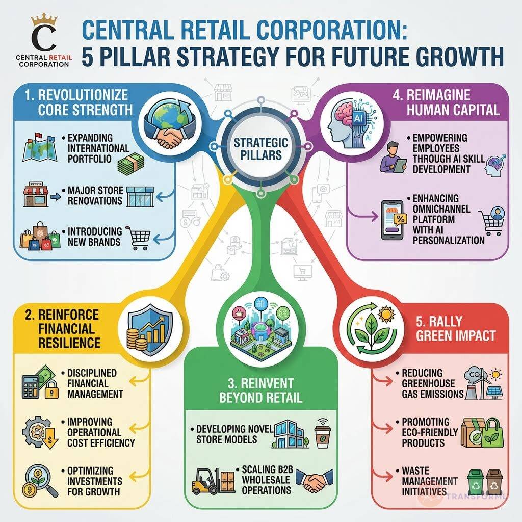 Visual overview of Central Retail Corporation's five-pillar growth strategy, focusing on international expansion, financial resilience, omnichannel innovation, human capital, and green impact.