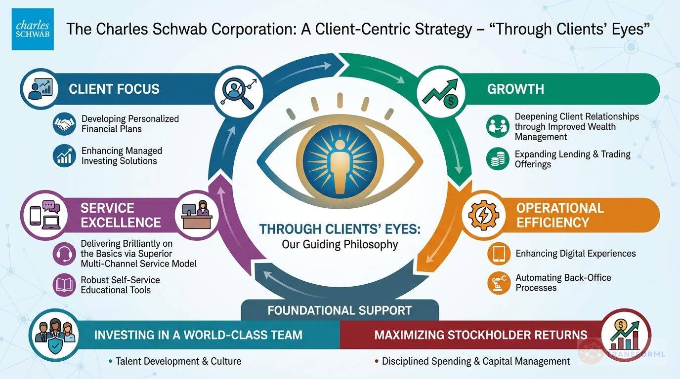 Charles Schwab client-centric business strategy framework illustrating growth, client focus, operational efficiency, and shareholder value