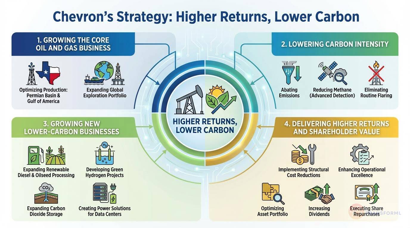 Chevron strategy framework highlighting higher returns with lower carbon through core oil and gas growth, emissions reduction, lower-carbon businesses, operational excellence, and shareholder value creation.