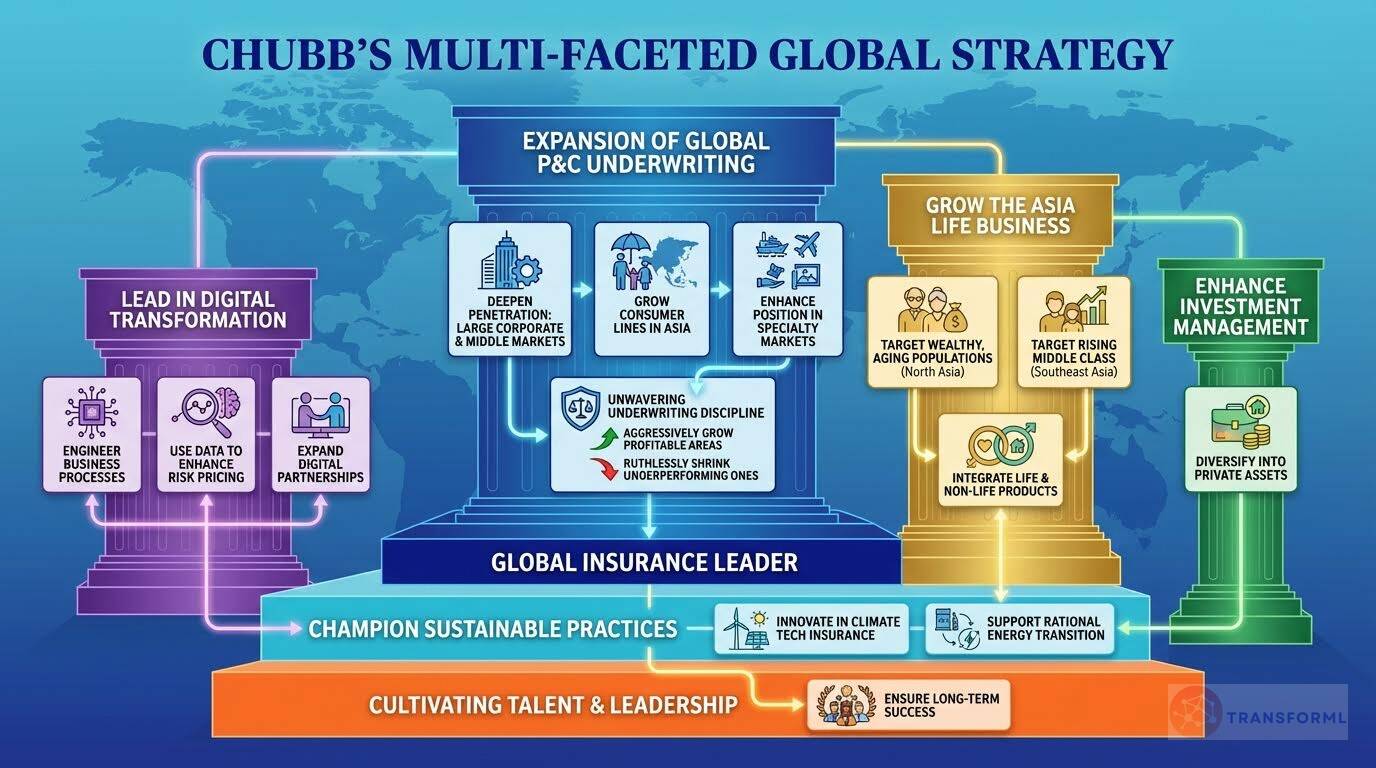 Chubb global strategy diagram highlighting digital transformation, disciplined underwriting, expansion in Asia life insurance, investment management growth, and leadership in global P&C insurance.