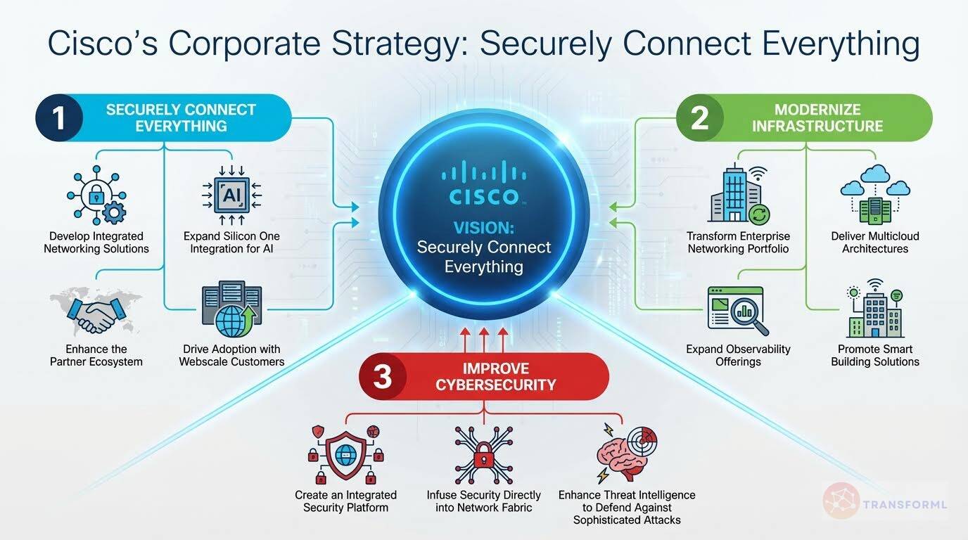 Cisco corporate strategy infographic focused on securely connecting everything by modernizing infrastructure, expanding AI-enabled networking, strengthening cybersecurity, and enabling multicloud environments.