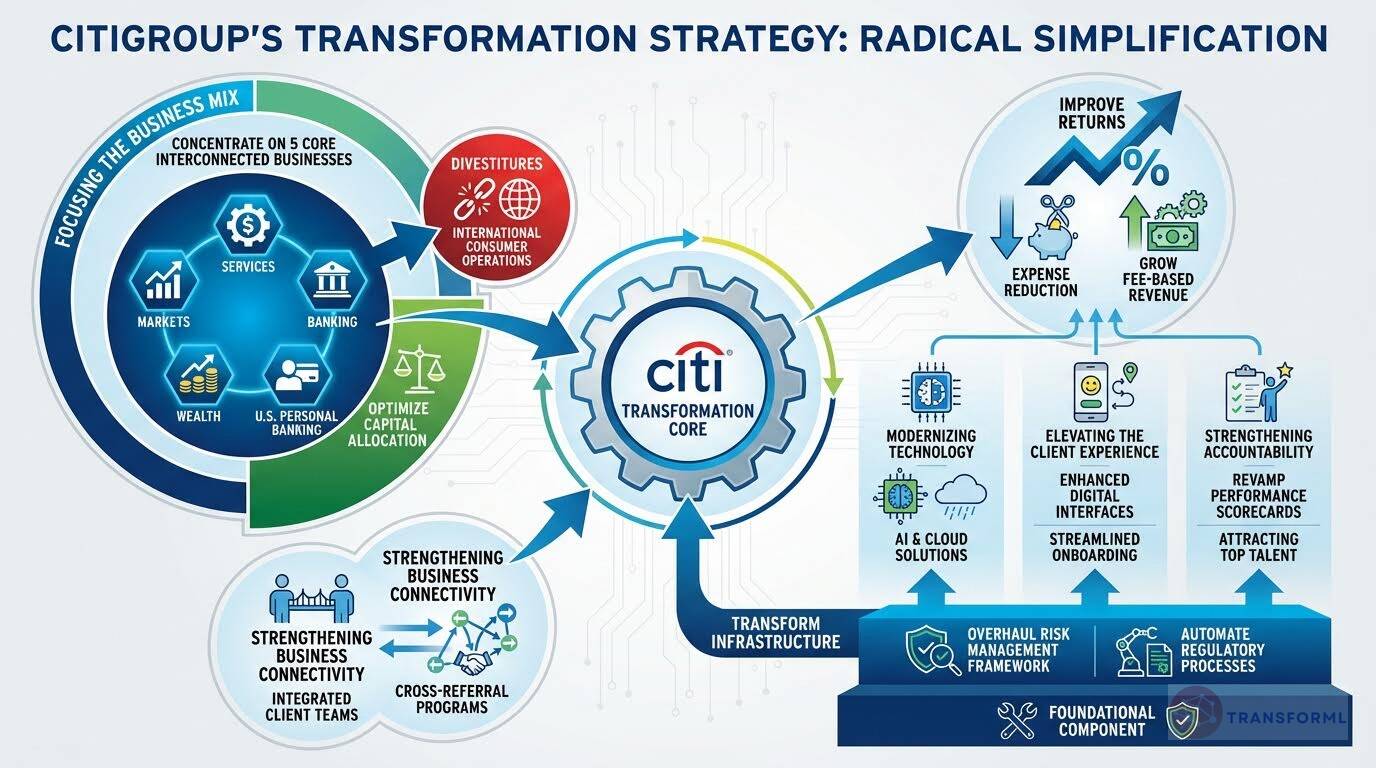 Citigroup transformation strategy infographic highlighting radical simplification, divestitures, technology modernization, risk management overhaul, client experience improvement, and capital optimization.