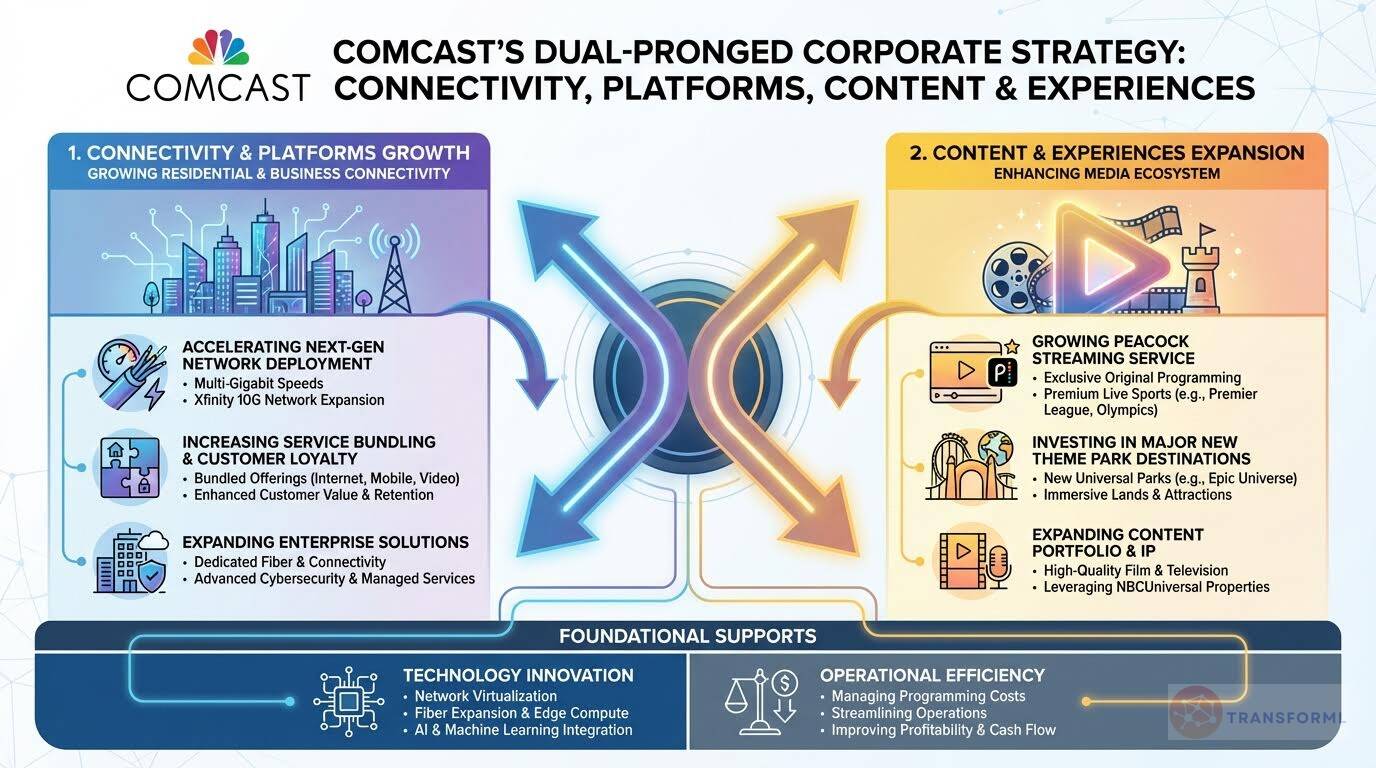 Overview of Comcast's dual-pronged corporate strategy combining connectivity and platforms growth with content, streaming, theme parks, and media ecosystem expansion.
