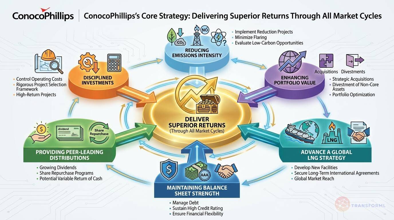 ConocoPhillips core strategy diagram showing how the company delivers superior returns through disciplined investments, emissions intensity reduction, portfolio optimization, LNG expansion, and strong balance sheet management.