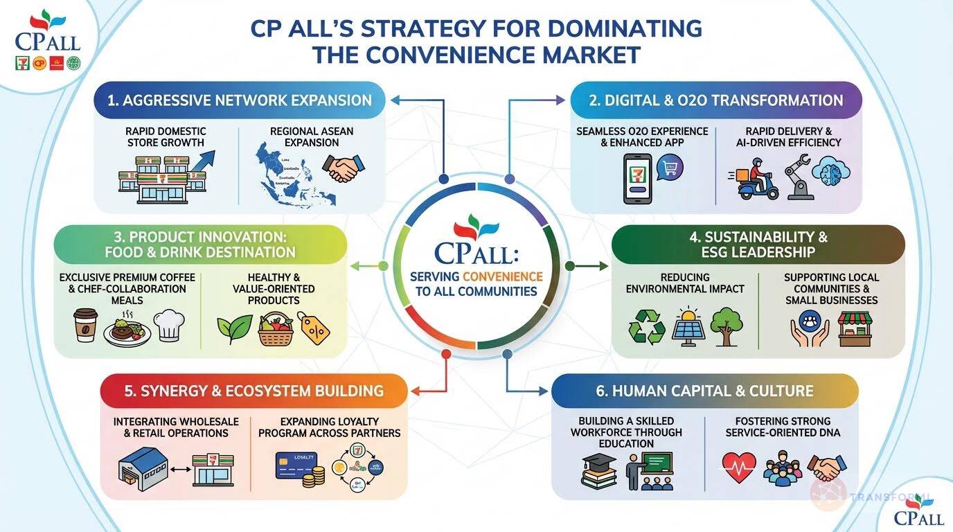 Corporate strategy diagram of CP ALL outlining convenience market leadership through network expansion, digital O2O transformation, product innovation, sustainability, and ecosystem partnerships.