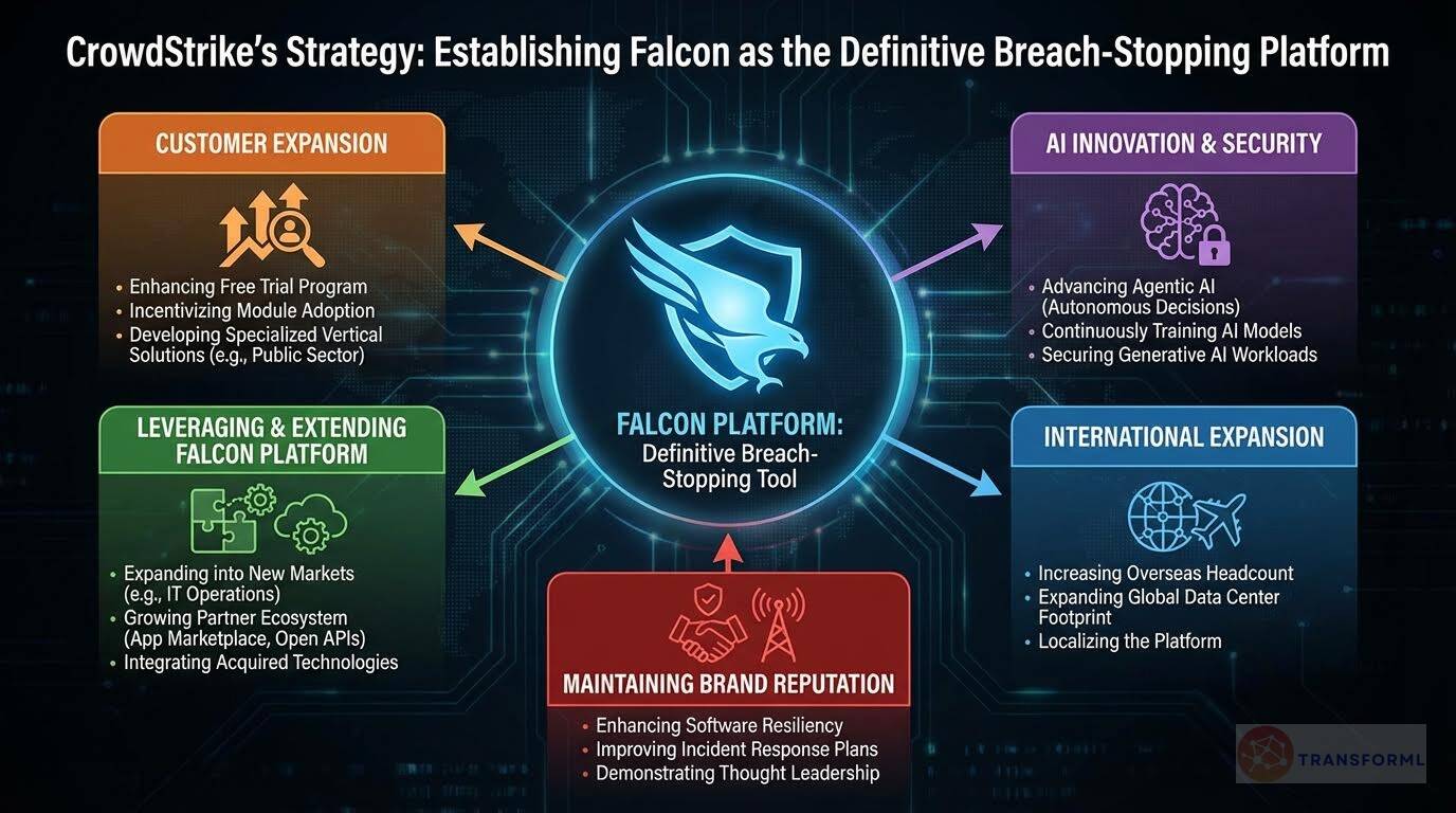 CrowdStrike strategy framework illustrating how the Falcon platform becomes the definitive breach-stopping solution through AI innovation, customer expansion, platform extensibility, and global growth.