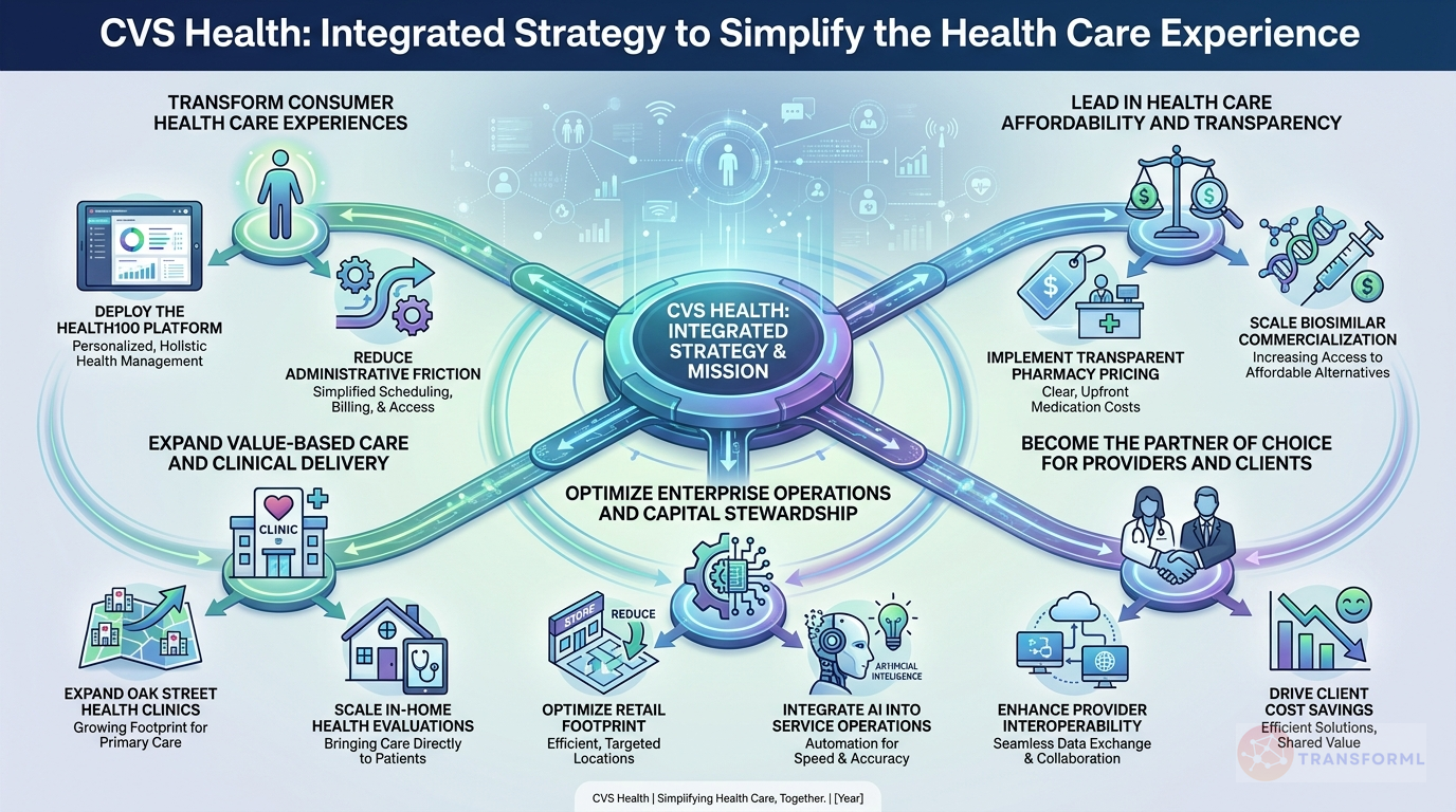 CVS Health Corporation strategy cascade analysis highlighting Transforming Consumer Experiences and Value-Based Care & Health Care Delivery.