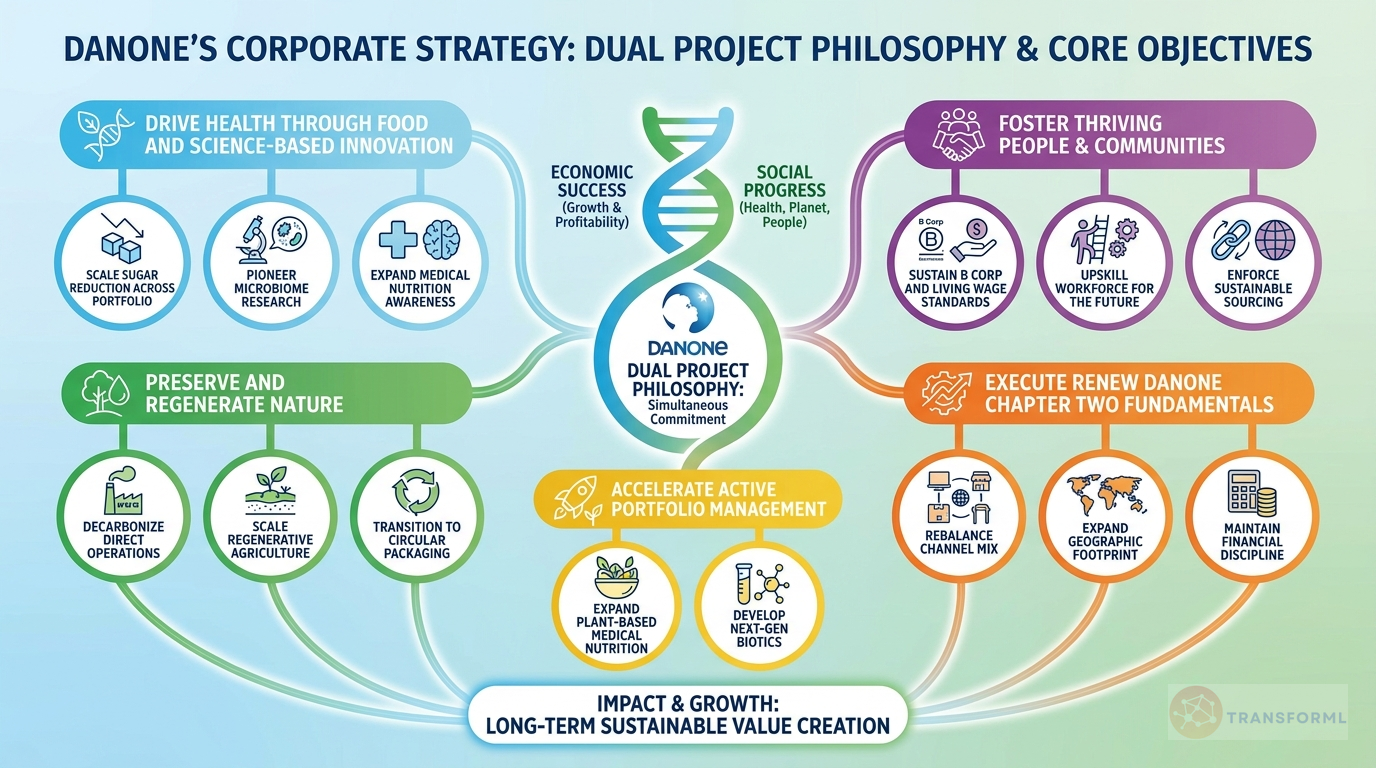Danone strategy cascade analysis highlighting Renew Danone Chapter 2 and Health Through Food.