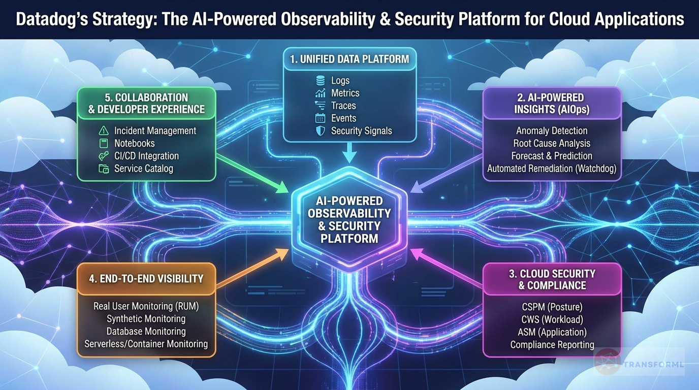 Datadog, Inc. strategy cascade analysis highlighting Digital Transformation and Cloud Migration and Platform Unification and Cross-Correlation.