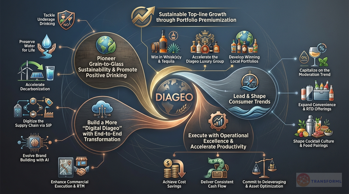 Diageo plc strategy cascade analysis highlighting Portfolio Premiumization and Luxury and Moderation and Non-Alcoholic Expansion.