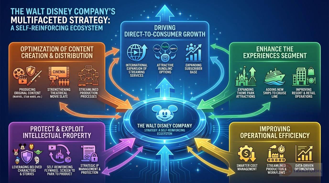 Strategic framework of The Walt Disney Company showing a self-reinforcing ecosystem across content creation, direct-to-consumer streaming, theme parks, intellectual property, and operational efficiency.