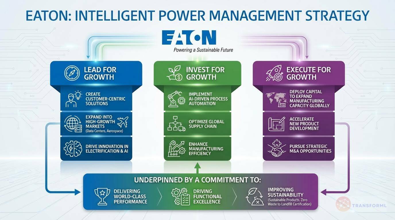 Eaton intelligent power management strategy infographic highlighting growth through electrification, AI-driven automation, global manufacturing expansion, supply chain optimization, and sustainability leadership.