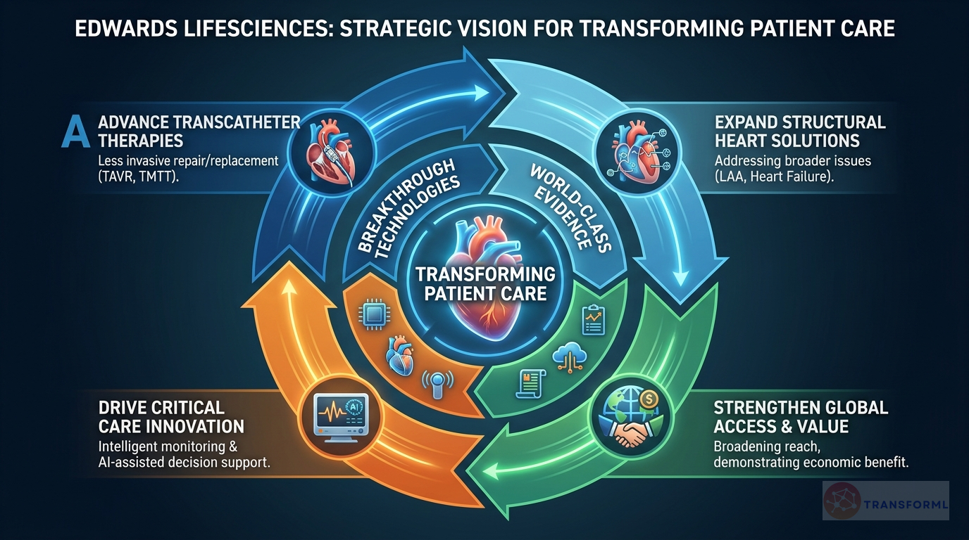 Edwards Lifesciences strategy cascade analysis highlighting Transformative Product Innovation and Lifetime Management of Patients.