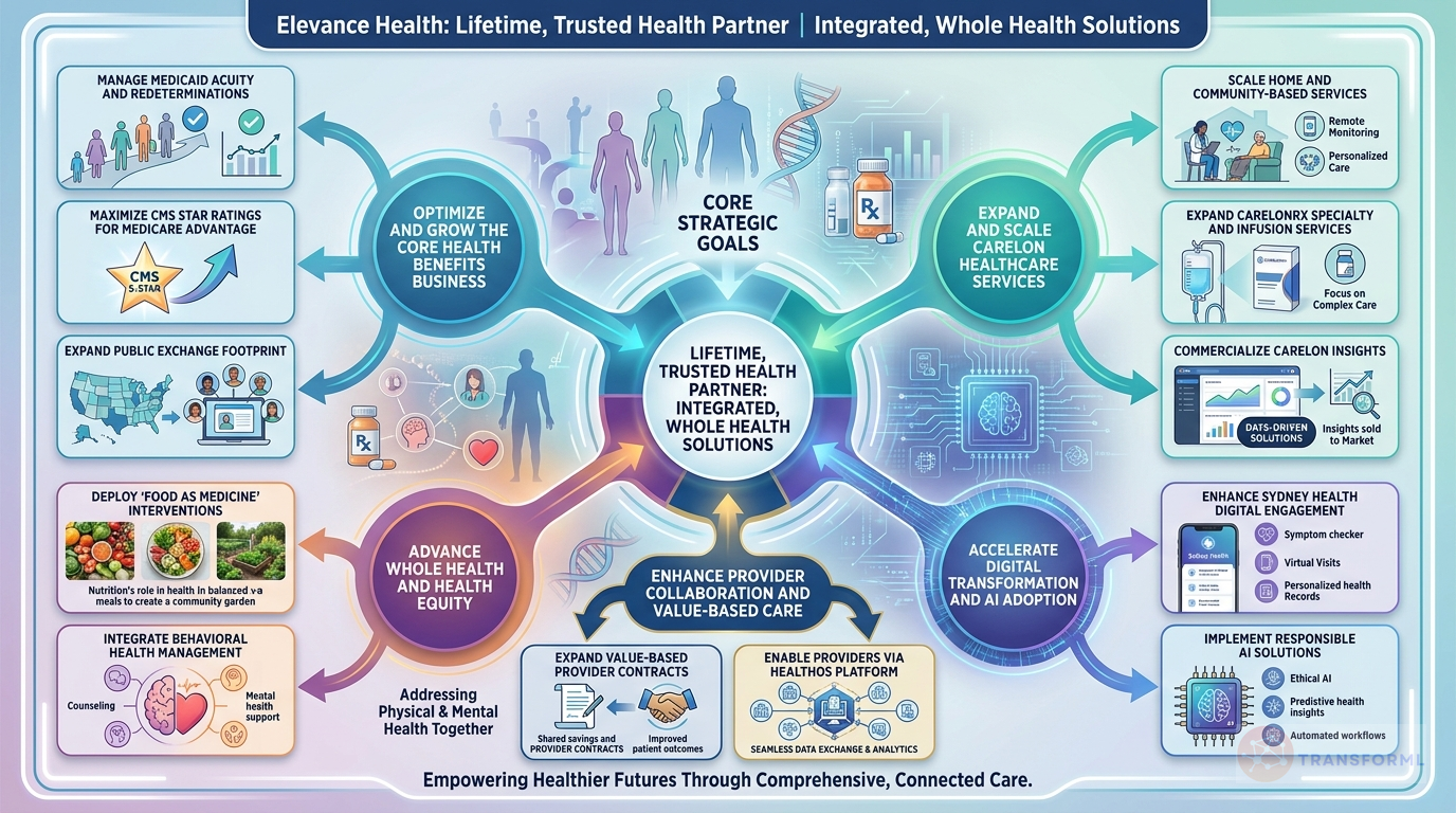 Elevance Health, Inc. strategy cascade analysis highlighting Whole Health Integration (Physical, Behavioral, Social, and Pharmacy) and Value-Based Care and Provider Enablement.