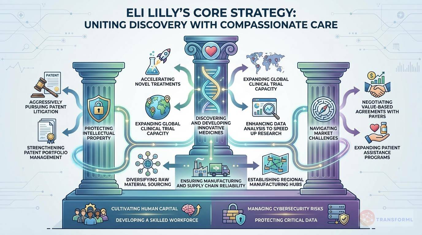 Infographic of Eli Lilly's core strategy illustrating discovery and development of innovative medicines, global clinical expansion, supply chain resilience, and patient access initiatives.
