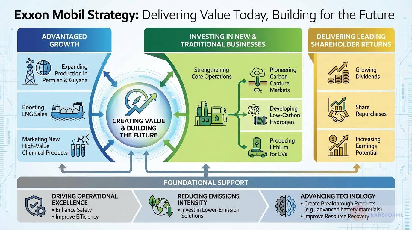 ExxonMobil corporate strategy visualization focused on creating value today and building for the future through advantaged growth, low-carbon technologies, operational excellence, and leading shareholder returns.