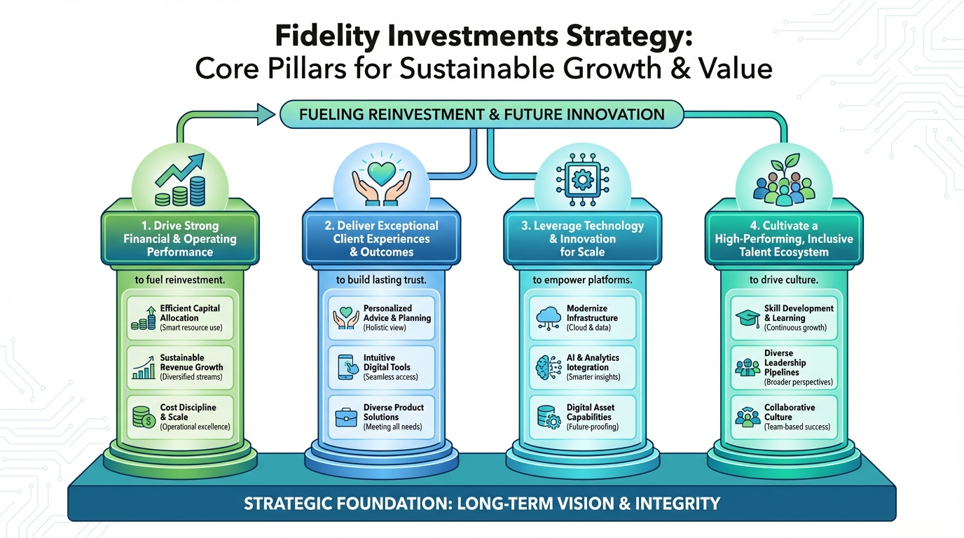 Fidelity Investments strategy cascade analysis highlighting Technology Modernization and Digital Transformation and Customer Experience and Hybrid Service Model.