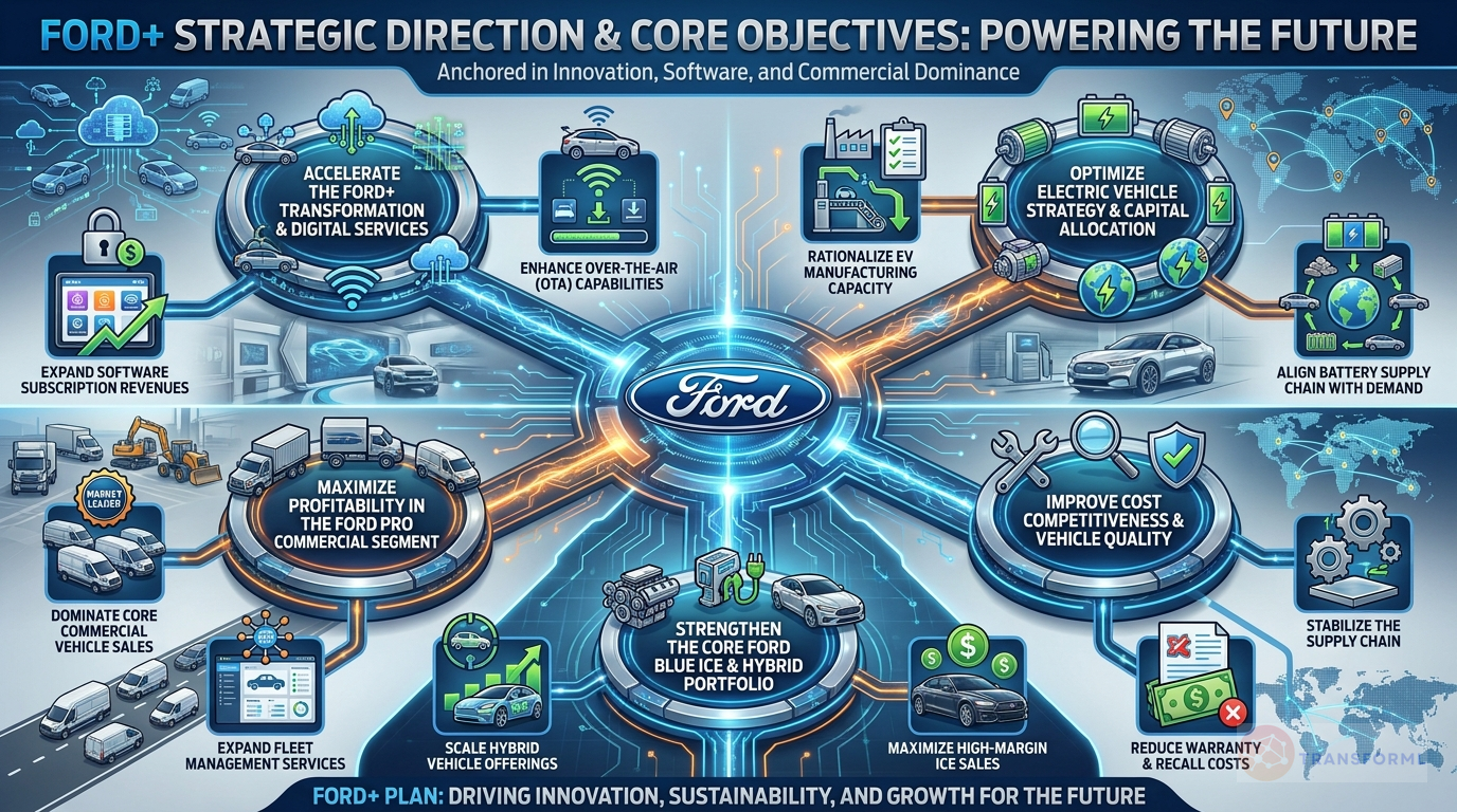 Ford Motor Company strategy cascade analysis highlighting Digital Transformation & Software Services (Ford+) and Electrification & Powertrain Choice.