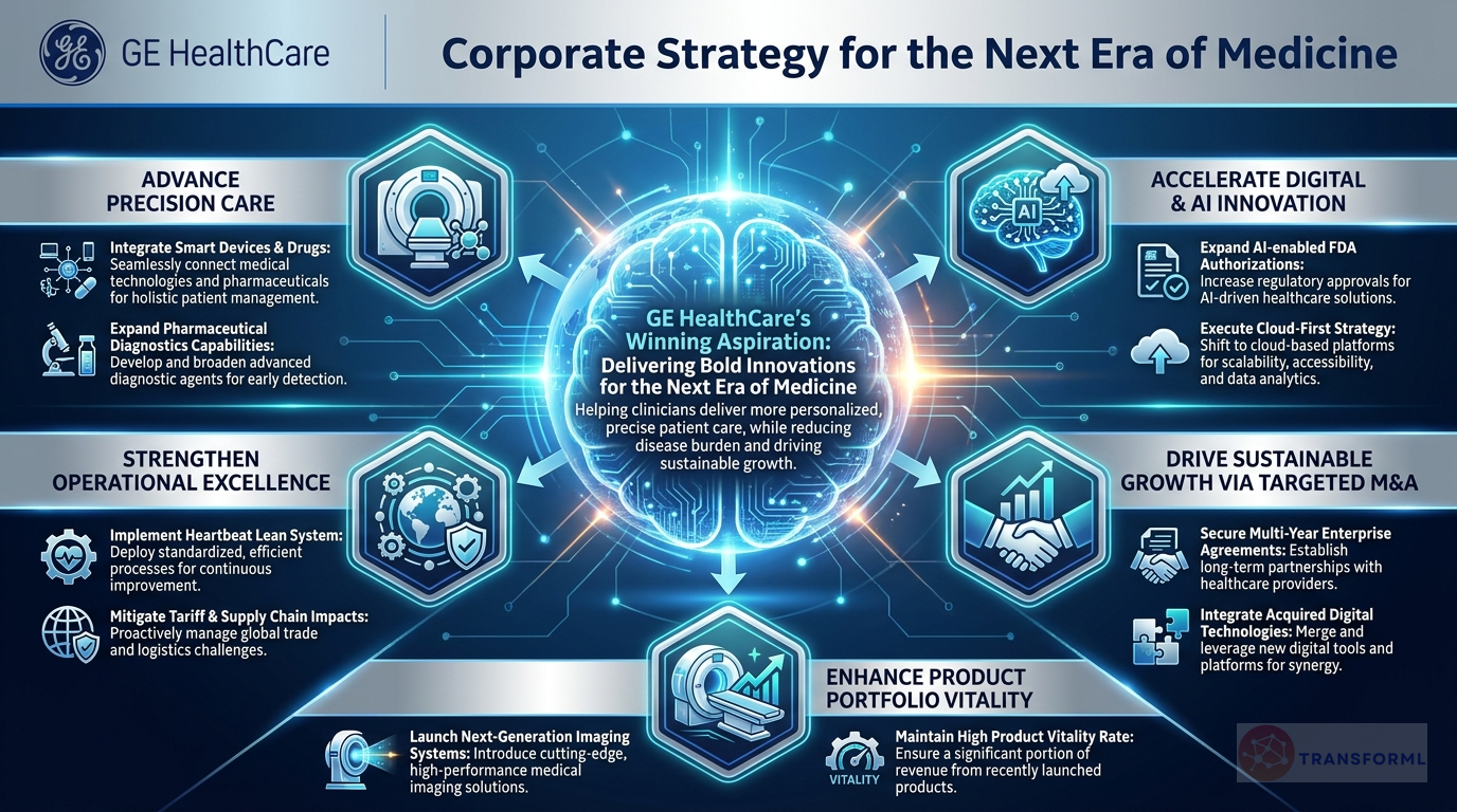GE HealthCare Technologies Inc. strategy cascade analysis highlighting Precision Care Integration (D3 Strategy) and AI and Digital Transformation.