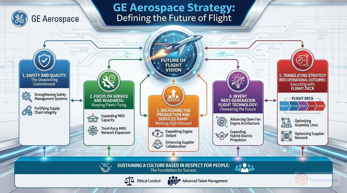 GE Aerospace strategy roadmap illustrating safety, service readiness, production growth, next-generation flight technology, and operational execution