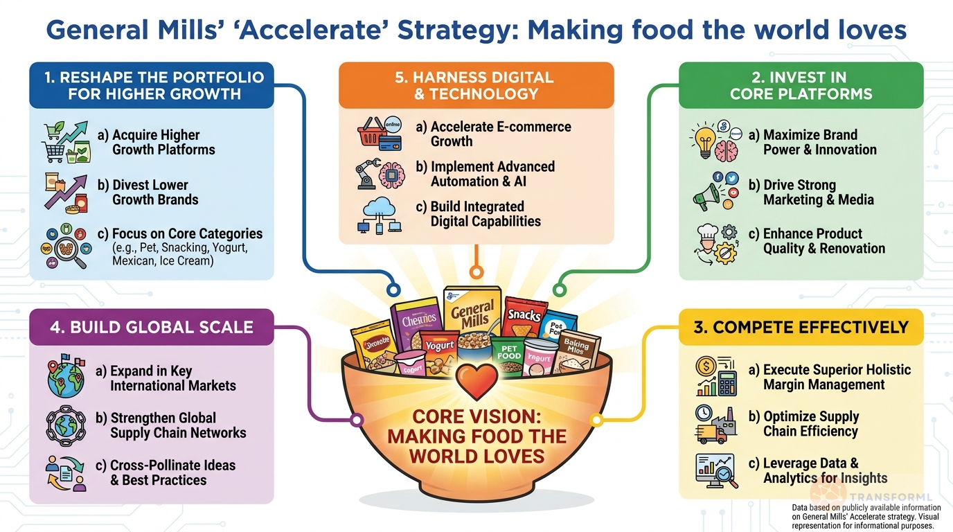 General Mills, Inc. strategy cascade analysis highlighting Strategic Portfolio Reshaping and Holistic Margin Management (HMM).