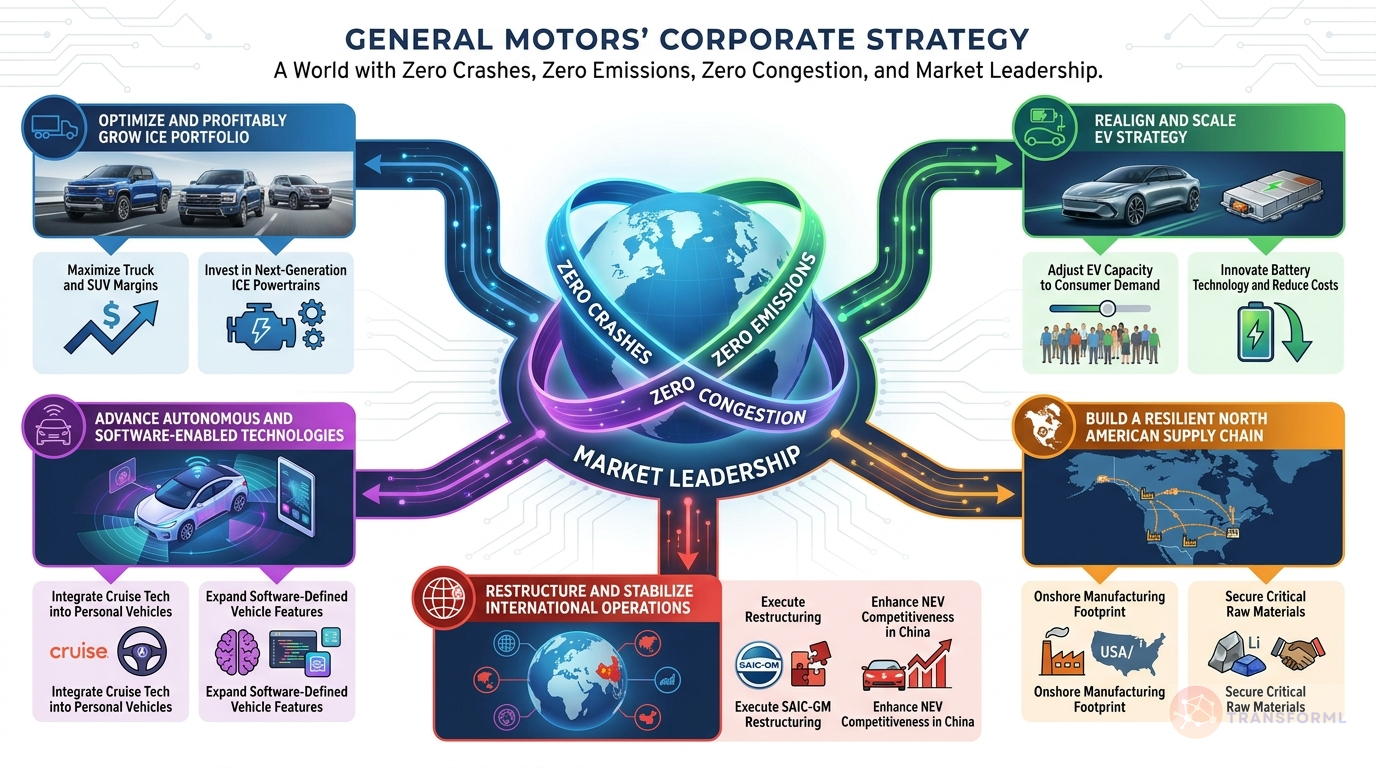 General Motors Company strategy cascade analysis highlighting EV Capacity Realignment and ICE Profitability Maximization.